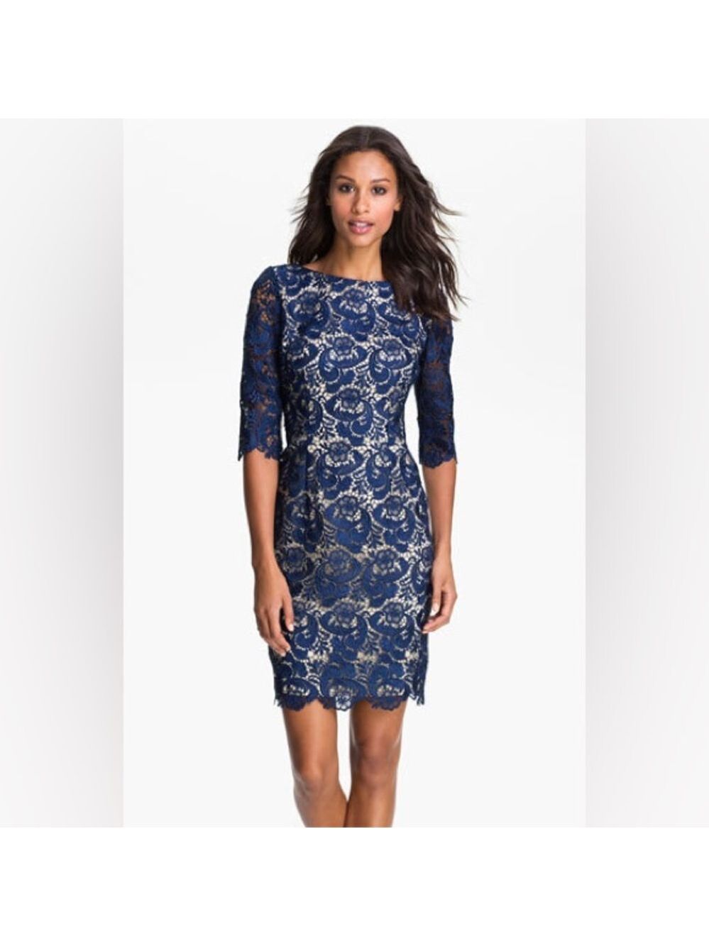 Eliza J Navy Blue Lace Floral Sheath Mini Dress